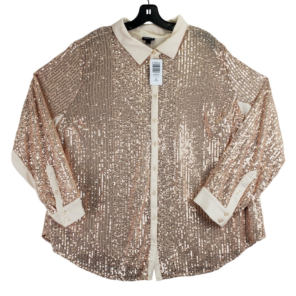 Torrid Madison Sequin Button Up Shirt Top Women 3X Champagne Glam Party Holiday